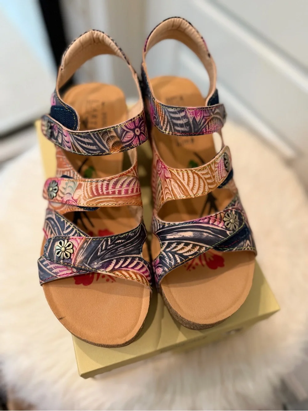 Spring Step L'Artiste Floral Multi Wedge Sandals - Pink and Orange